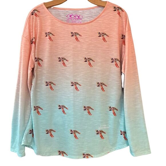 Leoma Lovegrove Sz M Orange Green Swimming Turtle Design Long Sleeve T-Shirt - Picture 1 of 10